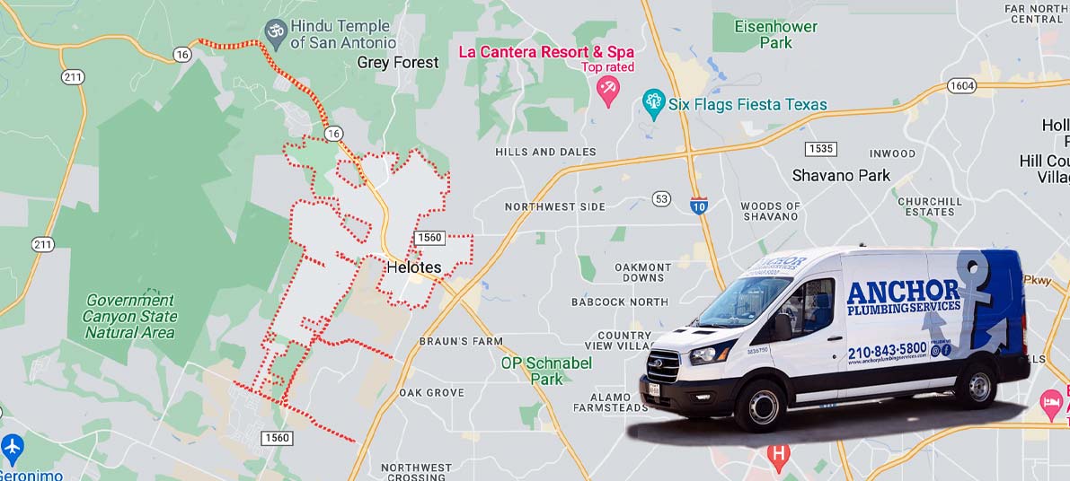 Map of Helotes, TX with an Anchor Plumbing Services van