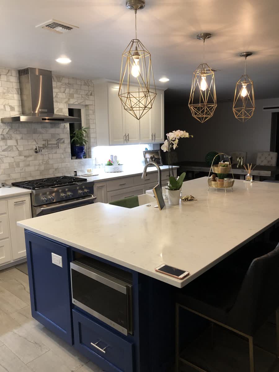 Remodeled kitchen with island sink and new plumbing